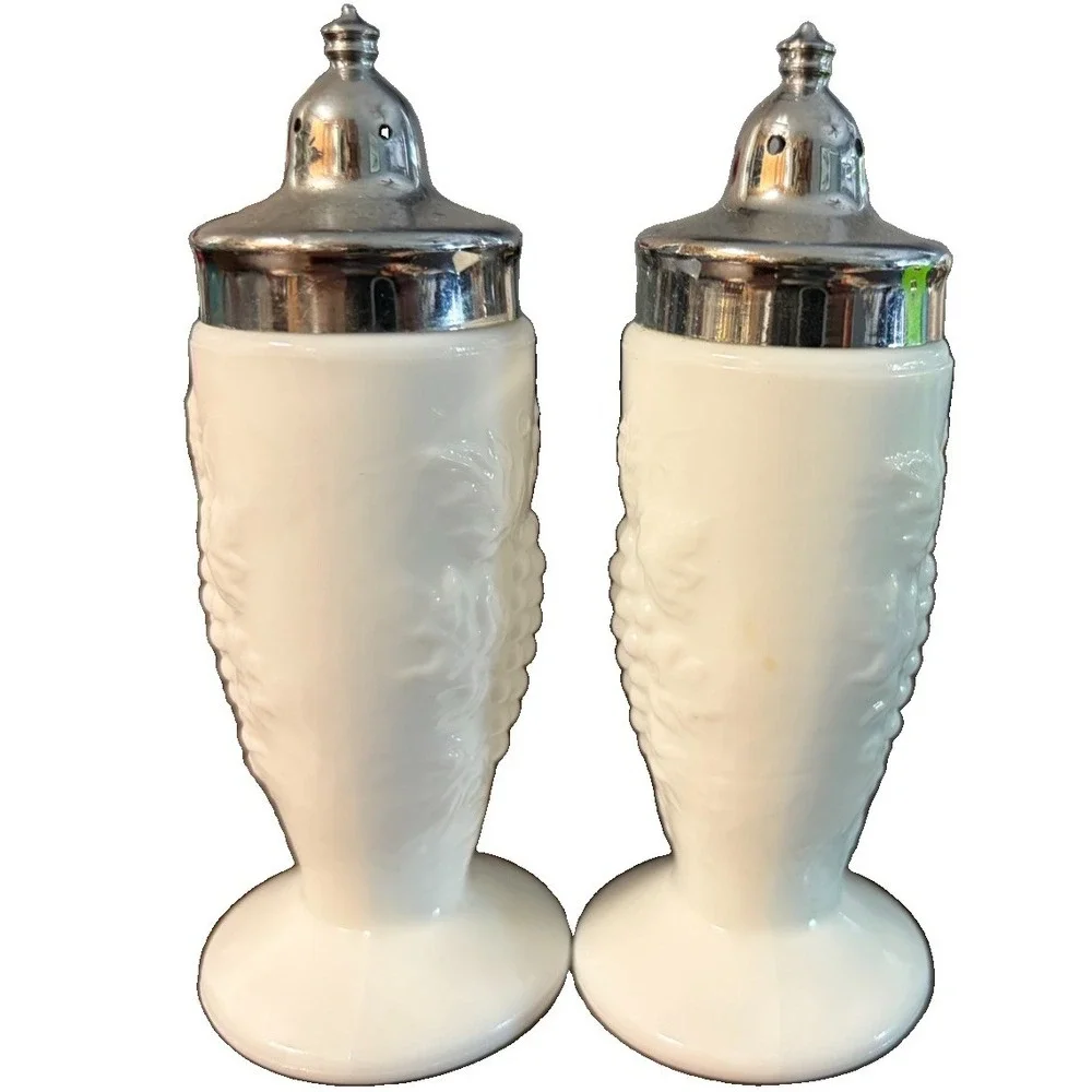 Vintage Milk Glass Grape Vine Footed Salt Pepper Shakers Chrome Tops 5in